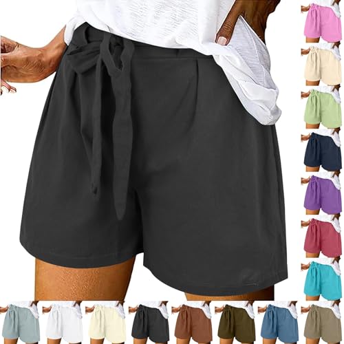 Generisch Leinen Shorts Damen Kurze Beach Sommerhose Elastischer Bund Breites Bein Kurzhose Casual Locker Hose mit Gürtel Mode Schmetterlingsgürtel von Generisch