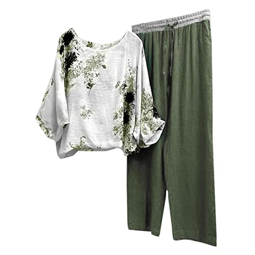 Generisch Leinen Zweiteiler Damen Hose Und Kurzarm Top Oversize Kurzarm Button Down Langarmshirt Langarm Revers Bluse + Weites Bein Hose Outfit O-Ausschnitt Elegant Set Overall Freizeitanzug von Generisch