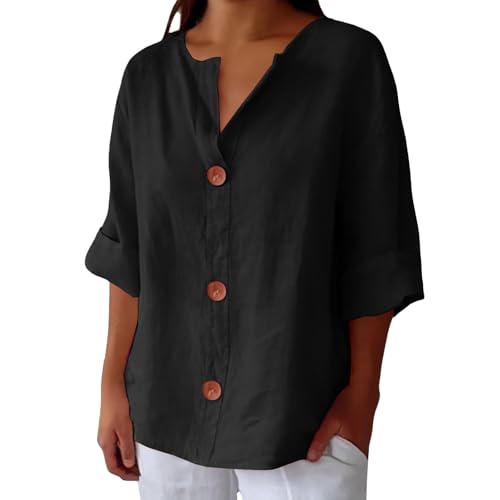 Generisch Leinenbluse Damen 2025 V-Ausschnitt 3/4 Arm Elegant Top Casual Basic Sommer Locker Longshirt Lässiges Leinen Baumwolle Hemd Freizeit Große Größen Bluse Oberteile von Generisch