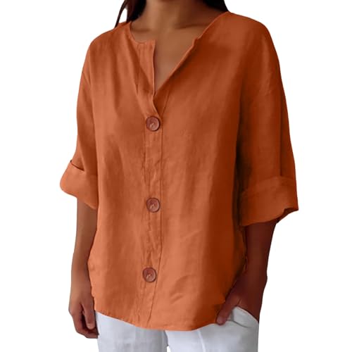 Generisch Leinenbluse Damen 2025 V-Ausschnitt 3/4 Arm Elegant Top Casual Basic Sommer Locker Longshirt Lässiges Leinen Baumwolle Hemd Freizeit Große Größen Bluse Oberteile von Generisch