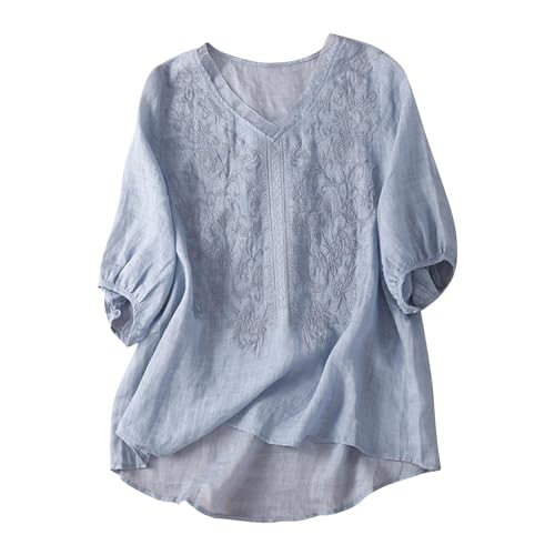 Generisch Leinenbluse Damen Elegant 3/4 Arm Hippie Kleidung Bohemian Folklore Stickerei Bluse Sommer Oberteil Bestickte Hemden Freizeitoberteile Vintage Boho Tops Oversized Oberteil von Generisch
