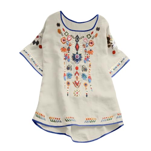 Generisch Leinenbluse Damen Elegant 3/4 Arm Hippie Kleidung Bohemian Folklore Stickerei Bluse Tunika Sommer Oberteil von Generisch
