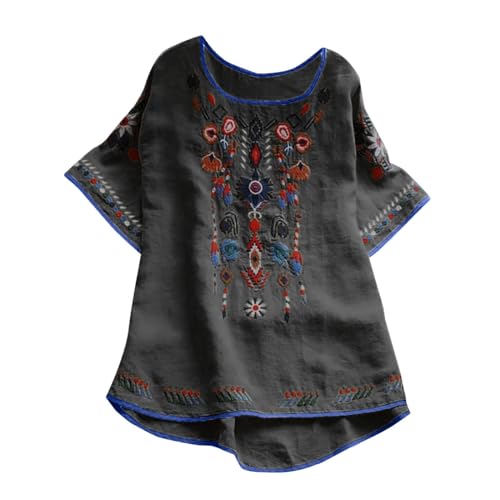 Generisch Leinenbluse Damen Elegant 3/4 Arm Hippie Kleidung Bohemian Folklore Stickerei Bluse Tunika Sommer Oberteil von Generisch