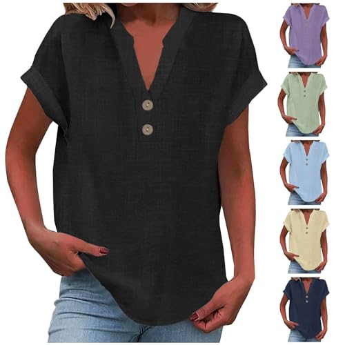 Generisch Leinenbluse Damen Elegante Kurzarm Baumwolle Leinen Tshirt Leinenshirt Oversized Lässiges Musselin Oberteile Button Down Hemdbluse Tunika Top Sommer von Generisch