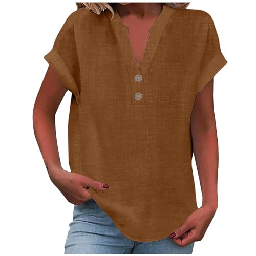 Generisch Leinenbluse Damen Elegante Kurzarm Baumwolle Leinen Tshirt Leinenshirt Oversized Lässiges Musselin Oberteile Button Down Hemdbluse Tunika Top Sommer von Generisch