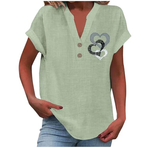 Generisch Leinenbluse Damen Elegante Kurzarm Baumwolle Leinen Tshirt Leinenshirt Oversized Lässiges Musselin Oberteile Button Down Hemdbluse Tunika Top Sommer von Generisch