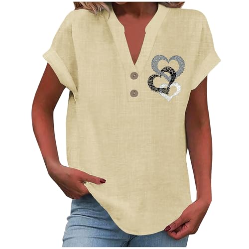 Generisch Leinenbluse Damen Elegante Kurzarm Baumwolle Leinen Tshirt Leinenshirt Oversized Lässiges Musselin Oberteile Button Down Hemdbluse Tunika Top Sommer von Generisch