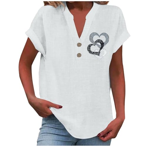 Generisch Leinenbluse Damen Elegante Kurzarm Baumwolle Leinen Tshirt Leinenshirt Oversized Lässiges Musselin Oberteile Button Down Hemdbluse Tunika Top Sommer von Generisch