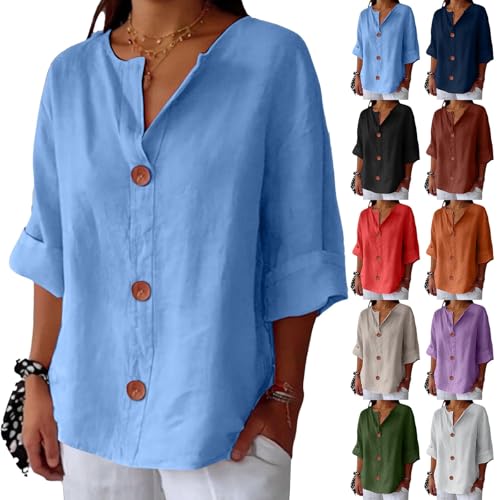 Generisch Leinenbluse Damen Oversize Bluse Leinen Rot Leinenbluse Langarm Leinenbluse Musselin Bluse Langarm Musselin Bluse Mädchen 134 Musselin Hemd Lang Longshirt 3/4 Arm von Generisch