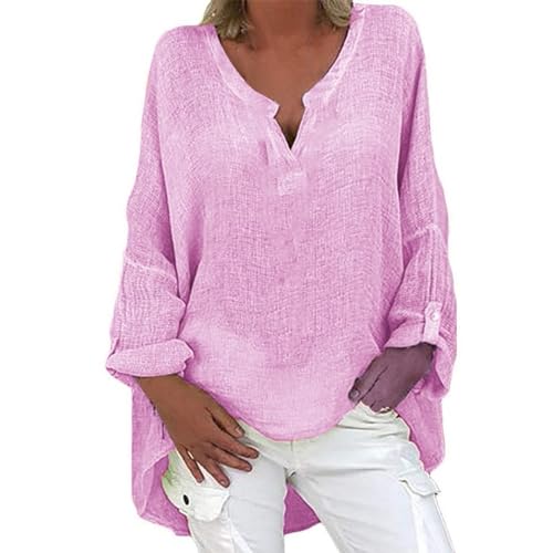 Generisch Leinenbluse Damen Oversize Sommer Tunika Bluse V-Ausschnitt Longbluse Große Größen Blusenshirt Langarmshirt Leinen Baumwolle Oberteile Tops Sommerblusen Damen Leicht Und Luftig Longshirt von Generisch