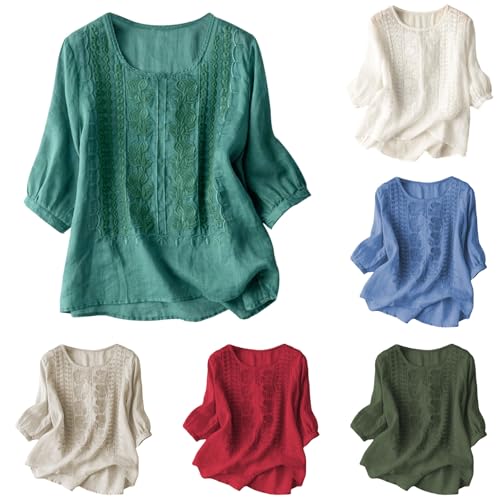 Generisch Leinenbluse Damen Sommer Musselin Tshirt Retro Große Größen 3/4 Arm Oberteile Mit Stickerei Muster Leinenhemd Lässig Tunika Locker Blusen Boho Leicht Sommershirt Blue M von Generisch