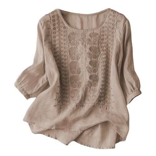 Generisch Leinenbluse Damen Sommer Musselin Tshirt Retro Große Größen 3/4 Arm Oberteile Mit Stickerei Muster Leinenhemd Leinen Freizeitshirt Baggy Blusen Boho Blusenshirt Brown M von Generisch