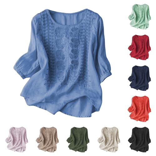 Generisch Leinenbluse Damen Sommer Musselin Tshirt Retro Große Größen 3/4 Arm Oberteile Mit Stickerei Muster Leinenhemd Leinen Freizeitshirt Baggy Blusen Boho Blusenshirt von Generisch