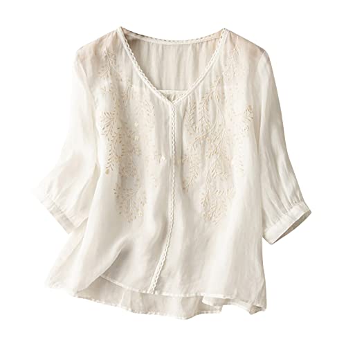 Generisch Leinenbluse Damen Sommer Musselin Tshirt Retro Große Größen 3/4-Arm Oberteile mit Stickerei Muster Leinenhemd Baumwolle Leinen Lässig Tunika Locker Bluse Boho Tops Tuniken Blusenshirt von Generisch