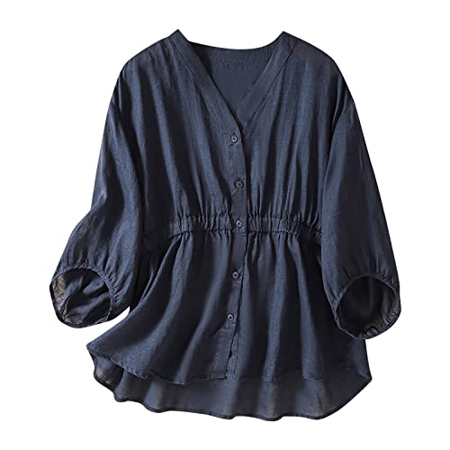 Generisch Leinenbluse Damen Sommer Musselin Tshirt Retro Große Größen 3/4-Arm Oberteile mit Stickerei Muster Leinenhemd Baumwolle Leinen Lässig Tunika Locker Bluse Boho Tops Tuniken Blusenshirt von Generisch
