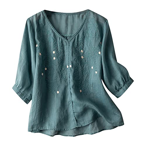 Generisch Leinenbluse Damen Sommer Musselin Tshirt Retro Große Größen 3/4-Arm Oberteile mit Stickerei Muster Leinenhemd Baumwolle Leinen Lässig Tunika Locker Bluse Boho Tops Tuniken Blusenshirt von Generisch