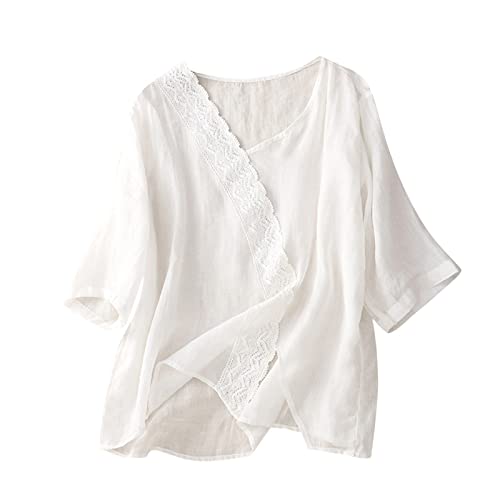Generisch Leinenbluse Damen Sommer Musselin Tshirt Retro Große Größen 3/4-Arm Oberteile mit Stickerei Muster Leinenhemd Baumwolle Leinen Lässig Tunika Locker Bluse Boho Tops Tuniken Blusenshirt von Generisch