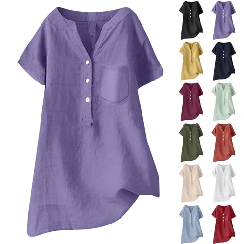 Generisch Leinenbluse Damen Sommer Oversize Longbluse Elegant Kurzarm Musselin-Bluse Oversized Große Größen Hemdbluse Lang Leinenhemd Schicke Oberteile Mittelalter Leinenblusen Longshirt Hemd von Generisch