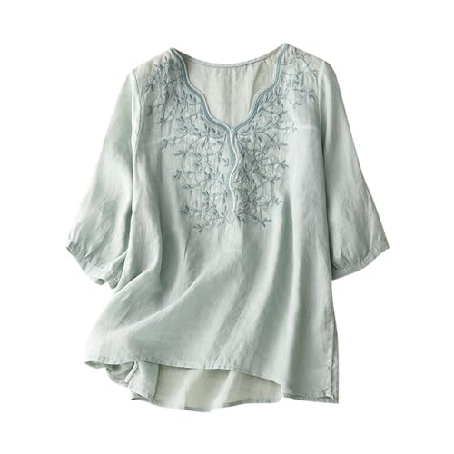 Generisch Leinenbluse Damen Sommer V-Ausschnitt Leinenhemd Baumwolle Und Leinen Kurzarm Bestickte Hemden Halbarm Freizeitoberteile Vintage Boho Tops Oversized Oberteil Damen Elegant von Generisch