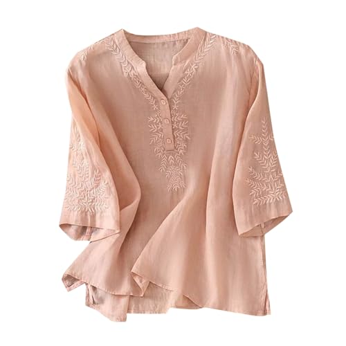 Generisch Leinenbluse Damen Sommer V-Ausschnitt Leinenhemd Baumwolle Und Leinen Kurzarm Bestickte Hemden Halbarm Freizeitoberteile Vintage Boho Tops Oversized Oberteil Damen Elegant von Generisch
