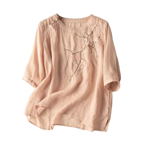 Generisch Leinenbluse Damen Sommer V-Ausschnitt Leinenhemd Baumwolle Und Leinen Langarmshirts Bestickte Hemden Halbarm Freizeitoberteile Vintage Boho Tops Oversized Oberteil Damen Elegant von Generisch