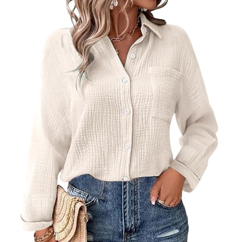 Generisch Leinenhemd Damen,Leinen Hemd Elegant Mit Knopfleiste Tasche Sommer Oversized Blusen V-Ausschnitt Langärmeliges Shirt Oberteile Reverskragen Shirts Einfarbig Basic Tops von Generisch