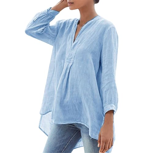 Generisch Leinenhemd Damen Lang Musselin Blusen Damen Langarm Sommerblusen Damen Leicht und Luftig Baumwolle Leinen Bluse Oversize Damen Freizeit Longbluse Damen Tunika Leinen-Oberteile von Generisch