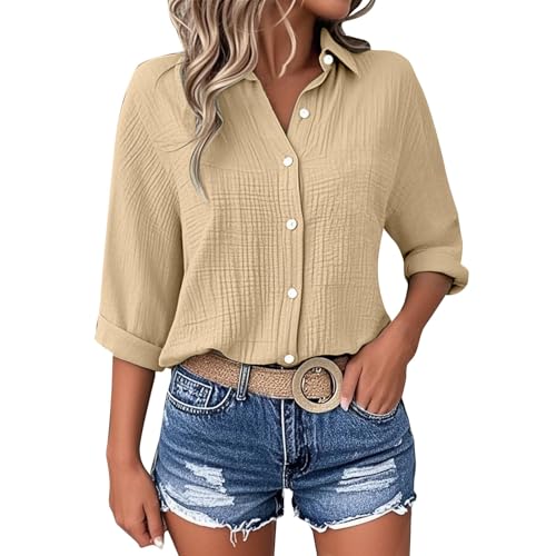 Generisch Leinenhemd Damen Musselin Bluse Oversized Elegant Langarm Leinenbluse Lässig Longbluse Baumwolle V-Ausschnitt Button-Down Leinenhemd Leicht Bequeme Sommershirts Musselin Bluse Damen von Generisch