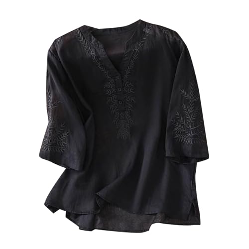 Generisch Leinenhemd Damen Sommer V-Ausschnitt Leinenhemd Baumwolle Und Leinen Kurzarm Bestickte Hemden Halbarm Freizeitoberteile Vintage Boho Tops Oversized Lässiges Musselin Oberteile Damen Elegant von Generisch