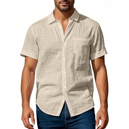 Generisch Leinenhemd Herren Hemd Kurzarm Freizeithemd Businesshemd Leinenshirt Strandhemd mit Tasche Slim Fit Hemdjacke Sommer Kariertes Hemden Bügelfrei Weiss Holzfällerhemd von Generisch