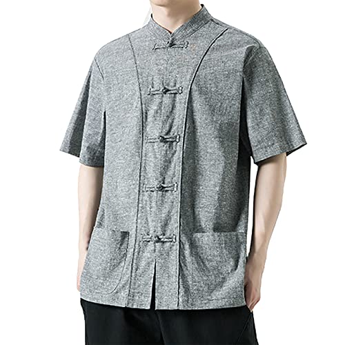 Generisch Leinenhemd Herren Kurzarm Button Down Regular Fit Freizeithemden Für Herren Strandhemd Casual Sommerhemd Mit Tasche (Grau, 3XL) von Generisch