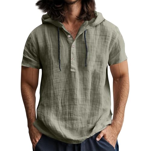 Generisch Leinenhemd Herren Kurzarm Hemd Hoodie Herren Dünn Atmungsaktiv Sommerhemden Regular Fit Freizeithemd Leicht Strandhemd Casual Kapuzenhemd mit Knopfleiste Leinen Tshirt von Generisch