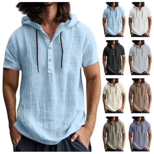 Generisch Leinenhemd Herren Kurzarm Hemd Hoodie Herren Dünn Atmungsaktiv Sommerhemden Regular Fit Freizeithemd Leicht Strandhemd Casual Kapuzenhemd mit Knopfleiste Leinen Tshirt von Generisch