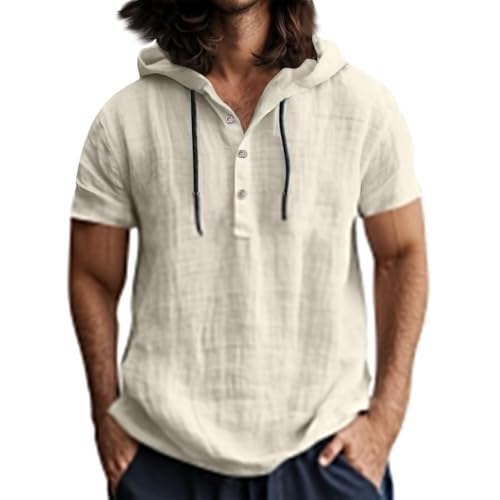 Generisch Leinenhemd Herren Kurzarm Hemd Hoodie Herren Dünn Atmungsaktiv Sommerhemden Regular Fit Freizeithemd Leicht Strandhemd Casual Kapuzenhemd mit Knopfleiste Leinen Tshirt von Generisch