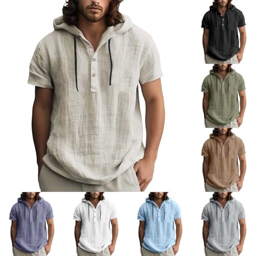 Generisch Leinenhemd Herren Kurzarm Hemd Mit Kapuze Sommer Einfarbig Freizeithemd Locker Button-Up Sommerhemd Leicht Luftig Herrenhemd Bequeme Weich Herrenhemd Kurzarmhemd Kapuzenhemd Strandhemd von Generisch