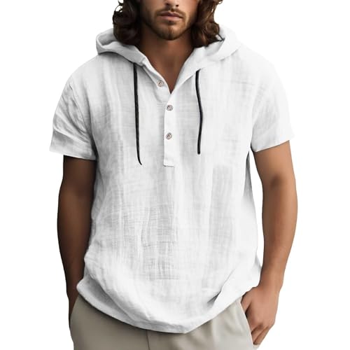 Generisch Leinenhemd Herren Kurzarm Hemd Mit Kapuze Sommer Einfarbig Freizeithemd Locker Button-Up Sommerhemd Leicht Luftig Herrenhemd Bequeme Weich Herrenhemd Kurzarmhemd Kapuzenhemd Strandhemd von Generisch