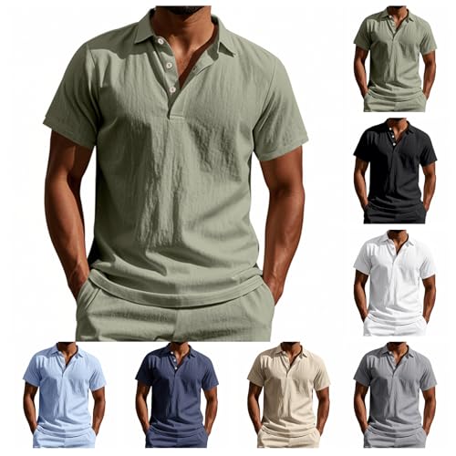 Generisch Leinenhemd Herren Kurzarm Hemd Poloshirt Herren Dünn Atmungsaktiv Strandhemd Regular Fit Freizeithemd Leicht Sommerhemden mit Knopfleiste Sportshirt Schnell Trocknend von Generisch