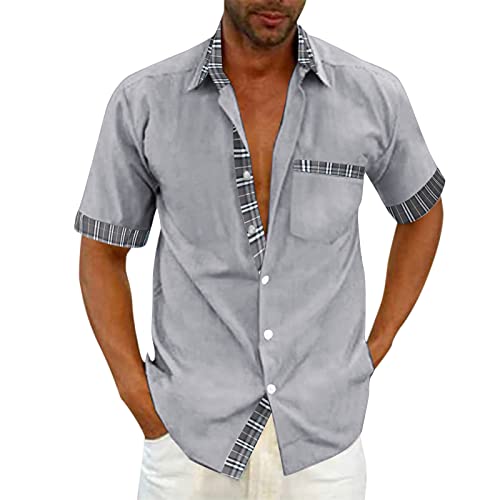 Generisch Leinenhemd Herren Kurzarm Kariertes Freizeithemd Kläppchenkragen Button Down Leinenshirt Leicht Luftig Sommerhemd Outdoor Lässig Strandhemd Sommer Locker Leinen Hemden von Generisch