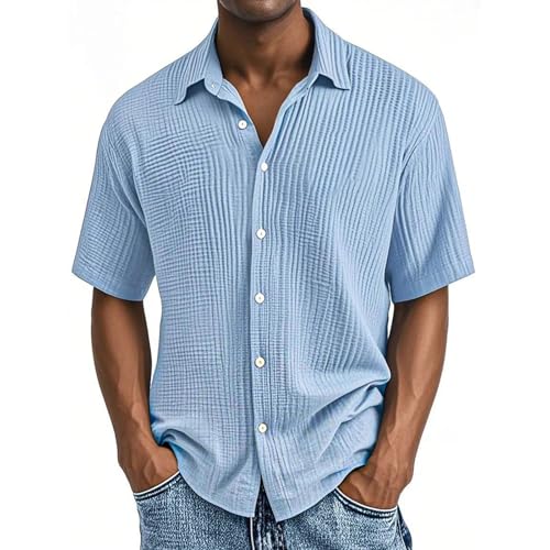 Generisch Leinenhemd Herren Kurzarm Musselin Leinen Hemden Button Down Leicht Sommerhemd Casual Freizeithemd mit Brusttasche Bequem Atmungsaktiv Strandhemd Urlaub Leinenshirt Blau,5XL von Generisch