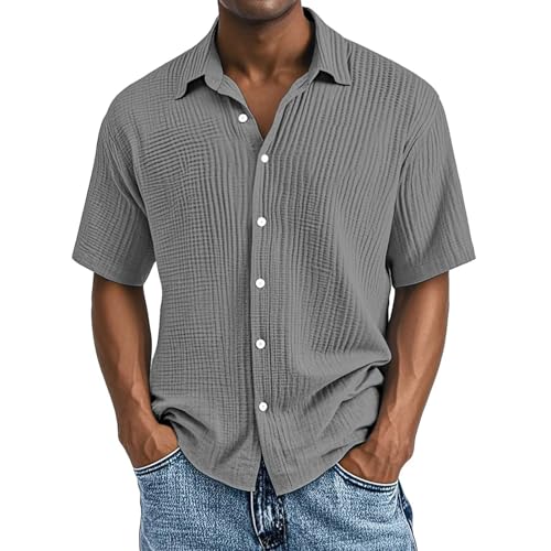 Generisch Leinenhemd Herren Kurzarm Musselin Leinen Hemden Button Down Leicht Sommerhemd Casual Freizeithemd mit Brusttasche Bequem Atmungsaktiv Strandhemd Urlaub Leinenshirt Grey,M von Generisch