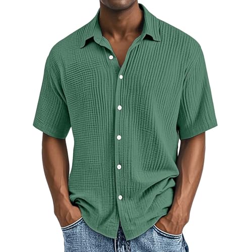 Generisch Leinenhemd Herren Kurzarm Musselin Leinen Hemden Button Down Leicht Sommerhemd Casual Freizeithemd mit Brusttasche Bequem Atmungsaktiv Strandhemd Urlaub Leinenshirt Grün,4XL von Generisch