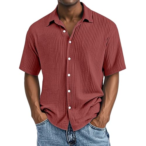 Generisch Leinenhemd Herren Kurzarm Musselin Leinen Hemden Button Down Sommerhemd Casual Freizeithemd mit Brusttasche Bequem Atmungsaktiv Strandhemd Urlaub Leinenshirt Rot,3XL von Generisch