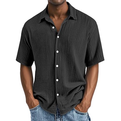 Generisch Leinenhemd Herren Kurzarm Musselin Leinen Hemden Button Down Sommerhemd Casual Freizeithemd mit Brusttasche Bequem Atmungsaktiv Strandhemd Urlaub Leinenshirt Schwarz,XXL von Generisch
