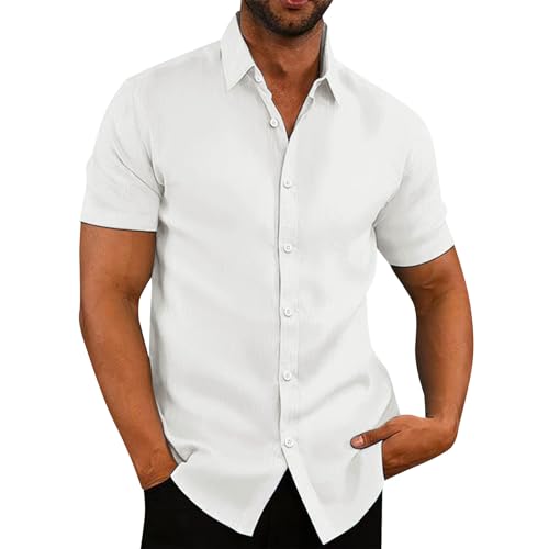 Generisch Leinenhemd Herren Kurzarm Sommerhemd Hemd Weiss Leinen Hemden Herren Button-Down Freizeithemd Casual Herrenhemd Sommer Outfit Weiß M von Generisch