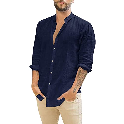 Generisch Leinenhemd Herren Lässig Button Down Sommerhemde Baumwolle Leinen Langarm Hemd Businesshemd Casual Freizeithemden Casual Regular Fit Sommer Standhemd von Generisch