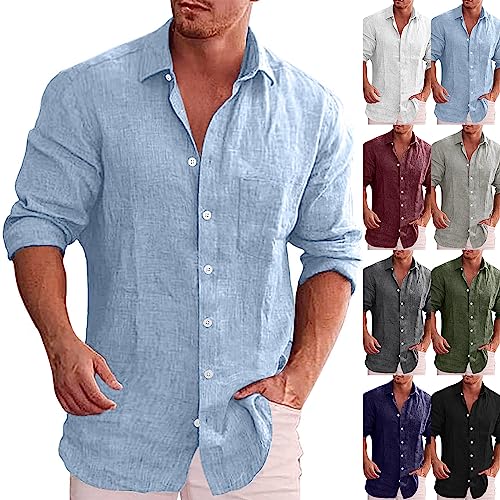 Generisch Leinenhemd Herren Langarm Freizeitshirt Regular Fit Sportshirt Revers Button Down Businesshemd mit Brusttasche Herrenhemd Atmungsaktiv Bequeme Anzughemd Leicht Baggy Streetwear Oberteile von Generisch