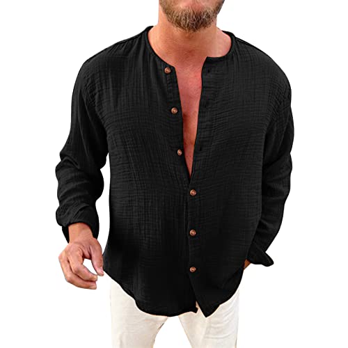 Generisch Leinenhemd Herren Langarm Herren Hemd Button Down Sommer Freizeithemd Regular Fit Leinen Businesshemd Mit Brusttasche (Schwarz, 3XL) von Generisch