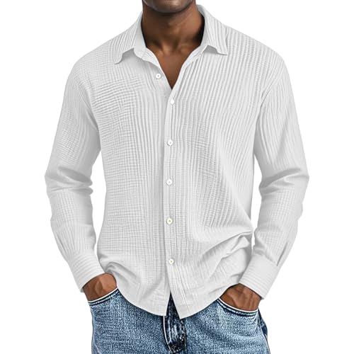 Generisch Leinenhemd Herren Langarm Musselin Leinen Hemden Button Down Leicht Sommerhemd Casual Freizeithemd mit Brusttasche Bequem Atmungsaktiv Strandhemd Urlaub Leinenshirt Weiß,XXL von Generisch