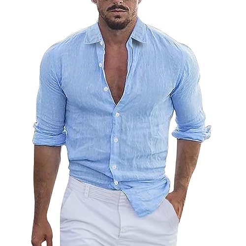 Generisch Leinenhemd Herren Langarm Sommer Hawaii Hemd Männer Baumwolle Leinen Sommerhemd Leicht Atmungsaktive Strandhemd Schlichter Einfarbig Freizeithemd Outdoor Lässige Langarmhemd von Generisch