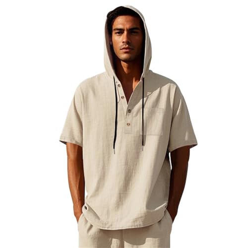 Generisch Leinenhemd Herren Mit Kapuze Sommer Kurzarm Baumwolle Leinen Kapuzenshirt Vintage Einfarbig Strandhemd Atmungsaktiv Bequeme Sommerhemd Comfort Fit Freizeithemden mit Knopfleiste Oberteile von Generisch